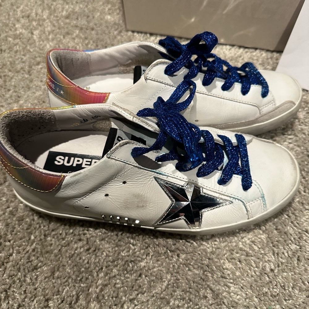 Golden goose superstar white w blue laces, size 3 l6, only worn a few times.
